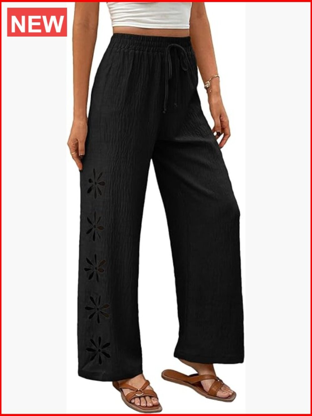 Boho Palazzo Pants Wide Leg Drawstring Elastic Waist Hollow Out Beach Vacation - Picture 1 of 6